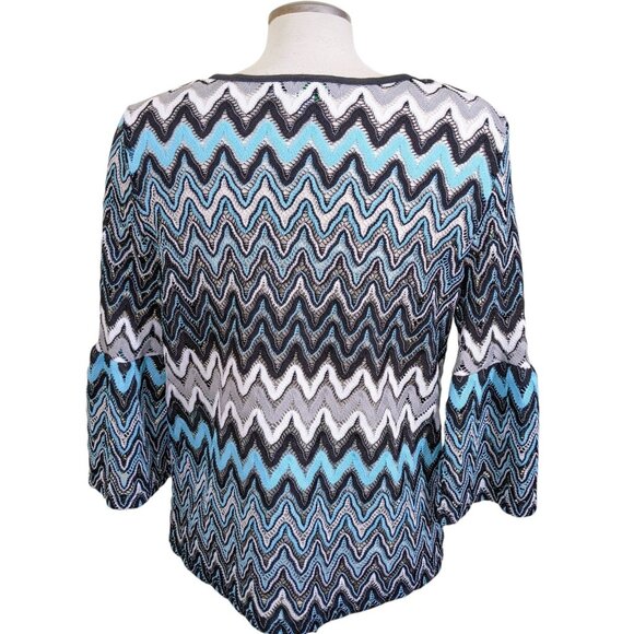 Vintage Open Front Knit Light Jacket Cardigan Womens M Blue Chevron Bell Sleeves - Picture 4 of 5